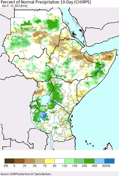 Eastern Africa Percent of Normal Precipitation 10-Day (CHIRPS) Thematic Map For 9/6/2023 - 9/15/2023