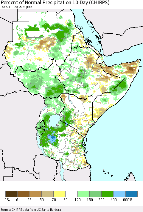 Eastern Africa Percent of Normal Precipitation 10-Day (CHIRPS) Thematic Map For 9/11/2023 - 9/20/2023