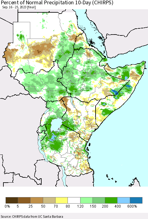 Eastern Africa Percent of Normal Precipitation 10-Day (CHIRPS) Thematic Map For 9/16/2023 - 9/25/2023