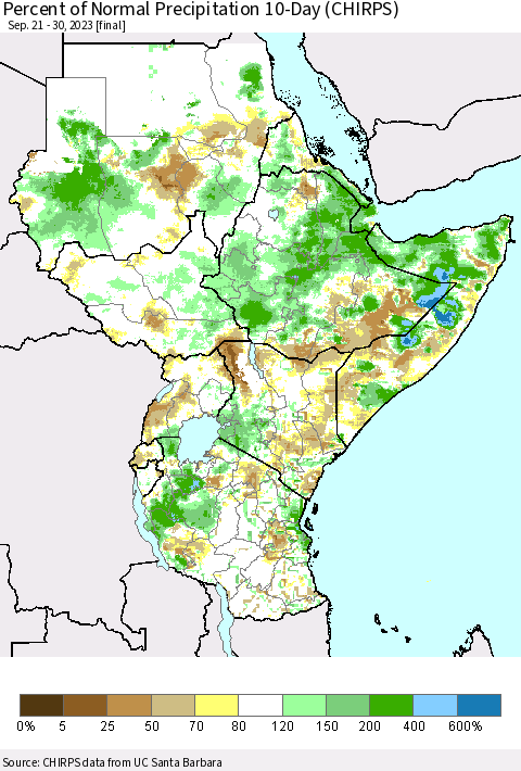 Eastern Africa Percent of Normal Precipitation 10-Day (CHIRPS) Thematic Map For 9/21/2023 - 9/30/2023