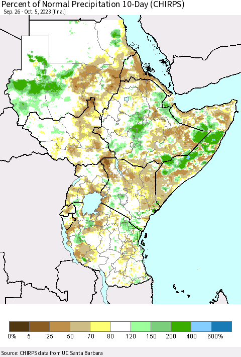 Eastern Africa Percent of Normal Precipitation 10-Day (CHIRPS) Thematic Map For 9/26/2023 - 10/5/2023