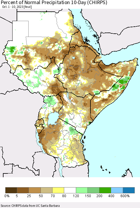 Eastern Africa Percent of Normal Precipitation 10-Day (CHIRPS) Thematic Map For 10/1/2023 - 10/10/2023