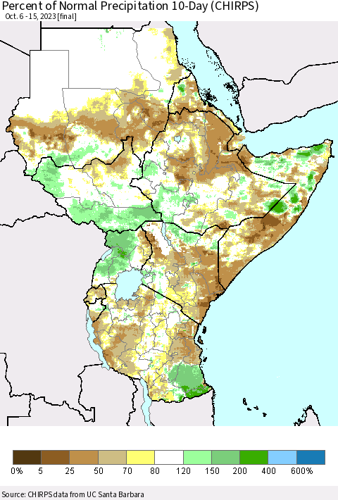 Eastern Africa Percent of Normal Precipitation 10-Day (CHIRPS) Thematic Map For 10/6/2023 - 10/15/2023
