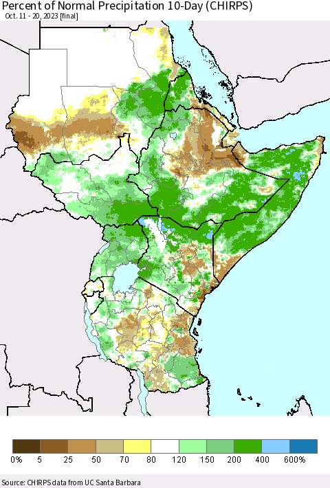 Eastern Africa Percent of Normal Precipitation 10-Day (CHIRPS) Thematic Map For 10/11/2023 - 10/20/2023