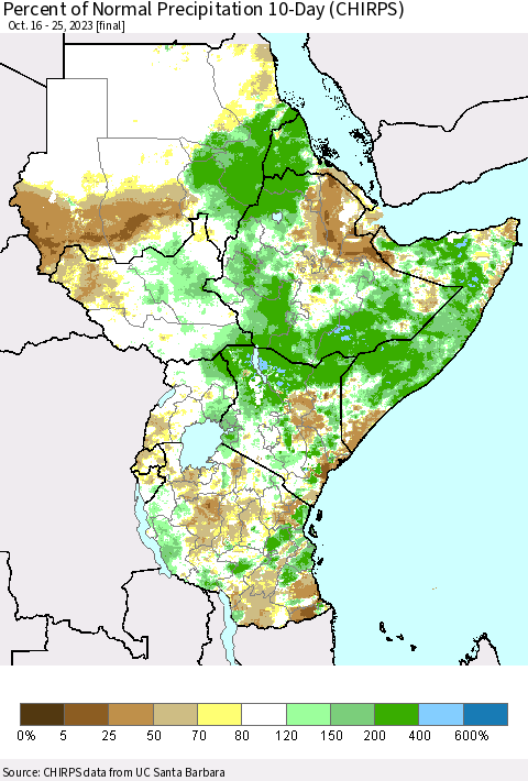 Eastern Africa Percent of Normal Precipitation 10-Day (CHIRPS) Thematic Map For 10/16/2023 - 10/25/2023