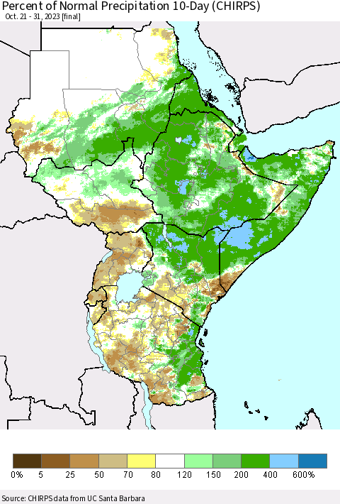 Eastern Africa Percent of Normal Precipitation 10-Day (CHIRPS) Thematic Map For 10/21/2023 - 10/31/2023
