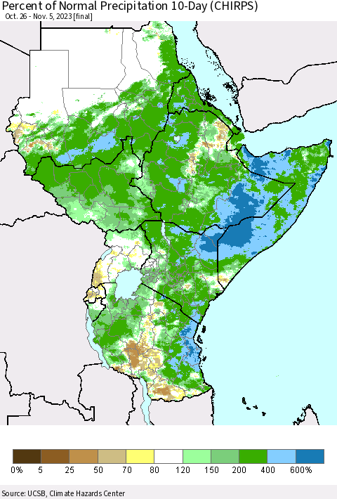 Eastern Africa Percent of Normal Precipitation 10-Day (CHIRPS) Thematic Map For 10/26/2023 - 11/5/2023