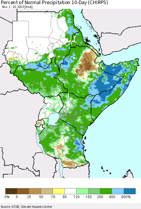 Eastern Africa Percent of Normal Precipitation 10-Day (CHIRPS) Thematic Map For 11/1/2023 - 11/10/2023