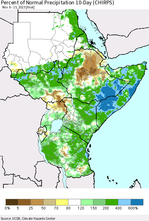 Eastern Africa Percent of Normal Precipitation 10-Day (CHIRPS) Thematic Map For 11/6/2023 - 11/15/2023