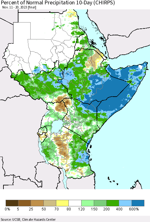 Eastern Africa Percent of Normal Precipitation 10-Day (CHIRPS) Thematic Map For 11/11/2023 - 11/20/2023