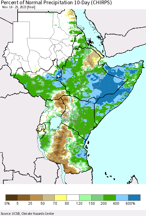Eastern Africa Percent of Normal Precipitation 10-Day (CHIRPS) Thematic Map For 11/16/2023 - 11/25/2023
