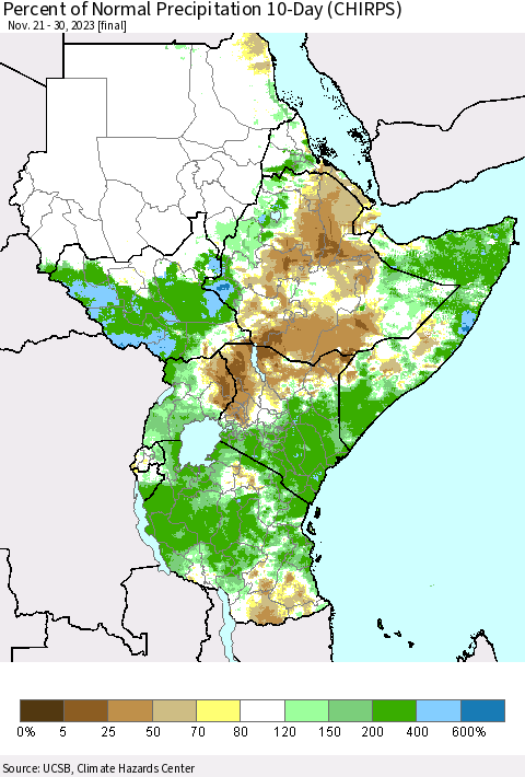 Eastern Africa Percent of Normal Precipitation 10-Day (CHIRPS) Thematic Map For 11/21/2023 - 11/30/2023