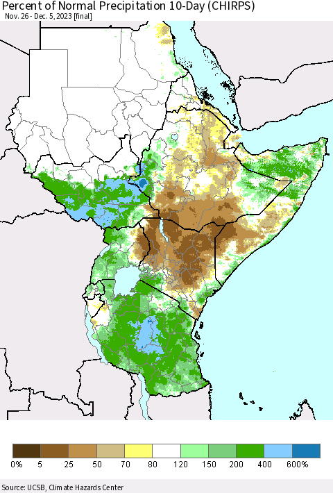 Eastern Africa Percent of Normal Precipitation 10-Day (CHIRPS) Thematic Map For 11/26/2023 - 12/5/2023