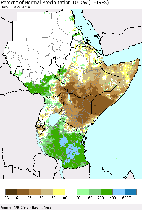 Eastern Africa Percent of Normal Precipitation 10-Day (CHIRPS) Thematic Map For 12/1/2023 - 12/10/2023