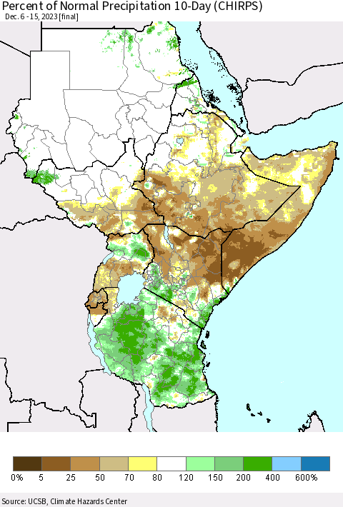 Eastern Africa Percent of Normal Precipitation 10-Day (CHIRPS) Thematic Map For 12/6/2023 - 12/15/2023