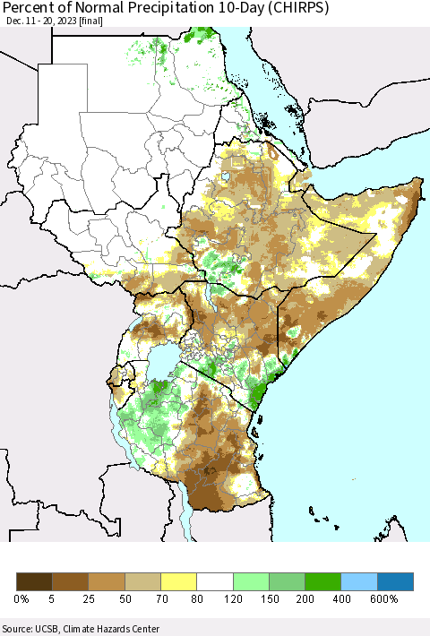 Eastern Africa Percent of Normal Precipitation 10-Day (CHIRPS) Thematic Map For 12/11/2023 - 12/20/2023