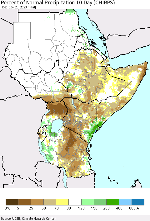 Eastern Africa Percent of Normal Precipitation 10-Day (CHIRPS) Thematic Map For 12/16/2023 - 12/25/2023