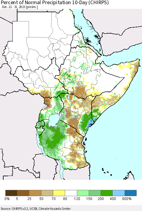 Eastern Africa Percent of Normal Precipitation 10-Day (CHIRPS) Thematic Map For 12/21/2023 - 12/31/2023