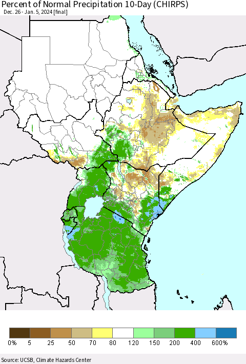 Eastern Africa Percent of Normal Precipitation 10-Day (CHIRPS) Thematic Map For 12/26/2023 - 1/5/2024