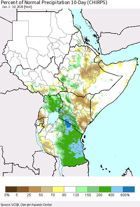 Eastern Africa Percent of Normal Precipitation 10-Day (CHIRPS) Thematic Map For 1/1/2024 - 1/10/2024
