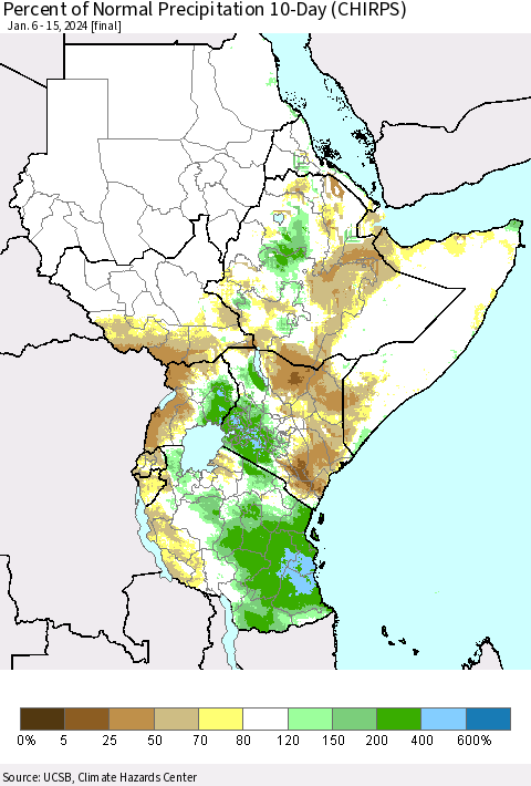 Eastern Africa Percent of Normal Precipitation 10-Day (CHIRPS) Thematic Map For 1/6/2024 - 1/15/2024