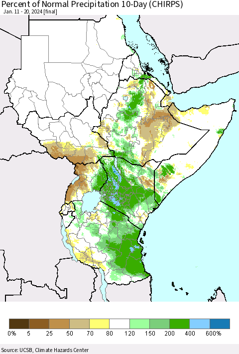 Eastern Africa Percent of Normal Precipitation 10-Day (CHIRPS) Thematic Map For 1/11/2024 - 1/20/2024
