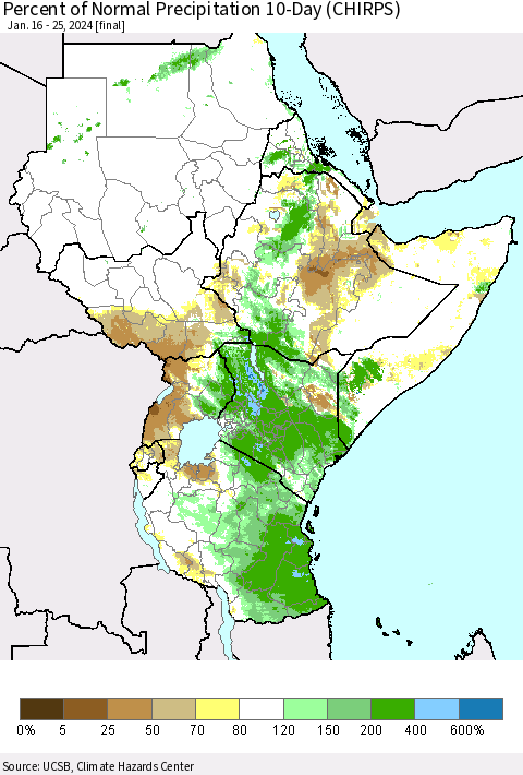 Eastern Africa Percent of Normal Precipitation 10-Day (CHIRPS) Thematic Map For 1/16/2024 - 1/25/2024