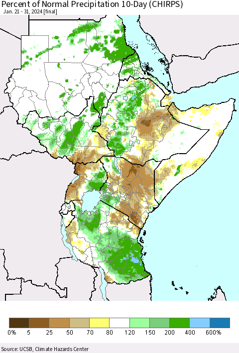 Eastern Africa Percent of Normal Precipitation 10-Day (CHIRPS) Thematic Map For 1/21/2024 - 1/31/2024