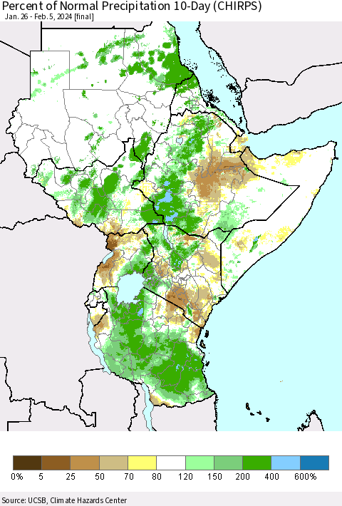 Eastern Africa Percent of Normal Precipitation 10-Day (CHIRPS) Thematic Map For 1/26/2024 - 2/5/2024