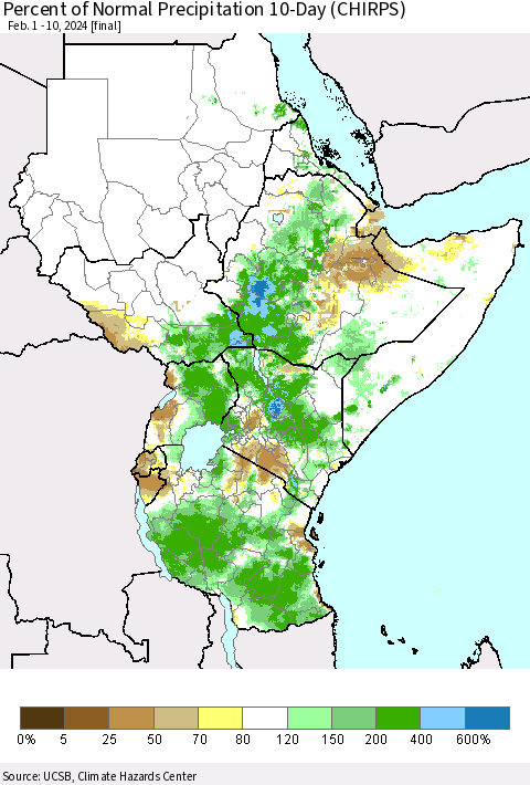 Eastern Africa Percent of Normal Precipitation 10-Day (CHIRPS) Thematic Map For 2/1/2024 - 2/10/2024
