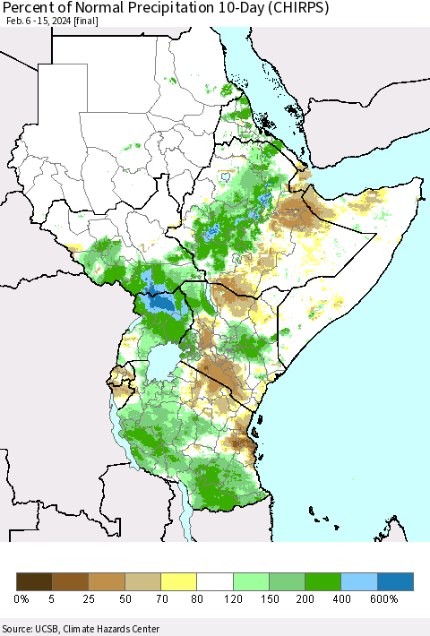 Eastern Africa Percent of Normal Precipitation 10-Day (CHIRPS) Thematic Map For 2/6/2024 - 2/15/2024