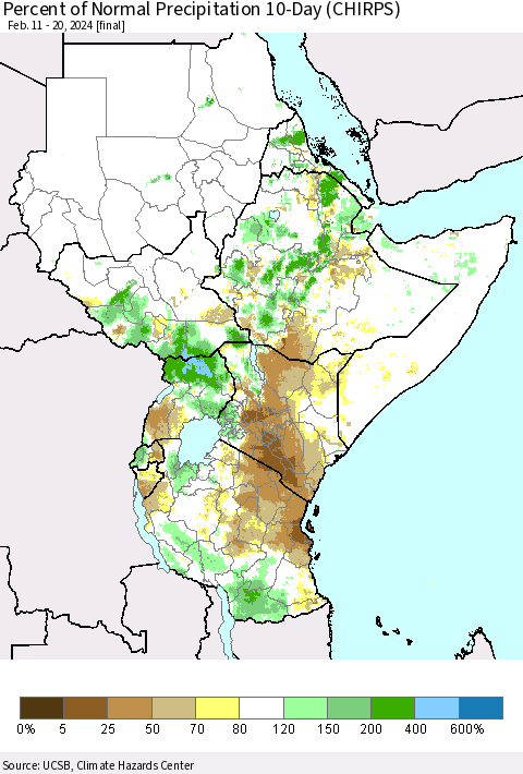 Eastern Africa Percent of Normal Precipitation 10-Day (CHIRPS) Thematic Map For 2/11/2024 - 2/20/2024