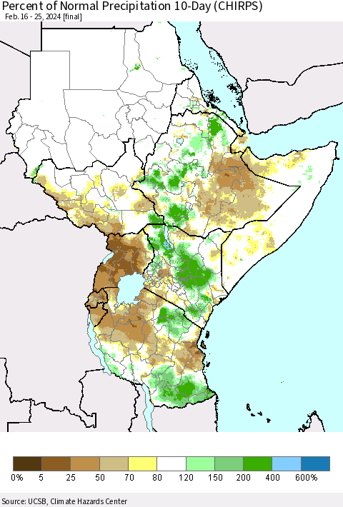 Eastern Africa Percent of Normal Precipitation 10-Day (CHIRPS) Thematic Map For 2/16/2024 - 2/25/2024