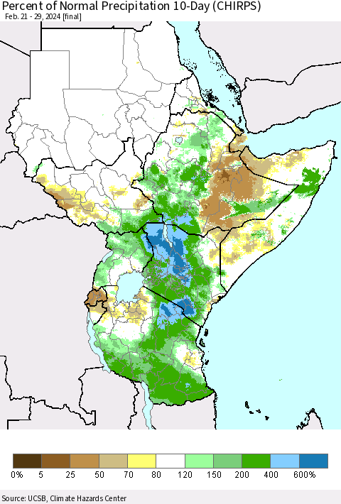 Eastern Africa Percent of Normal Precipitation 10-Day (CHIRPS) Thematic Map For 2/21/2024 - 2/29/2024