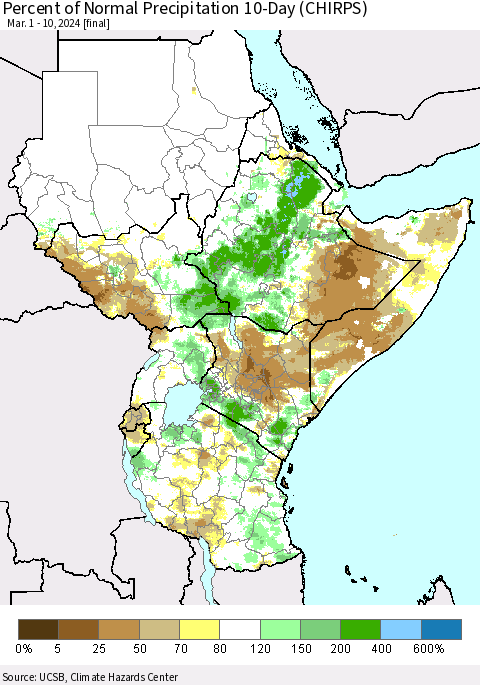 Eastern Africa Percent of Normal Precipitation 10-Day (CHIRPS) Thematic Map For 3/1/2024 - 3/10/2024