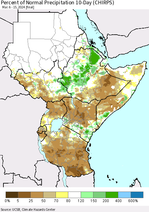 Eastern Africa Percent of Normal Precipitation 10-Day (CHIRPS) Thematic Map For 3/6/2024 - 3/15/2024