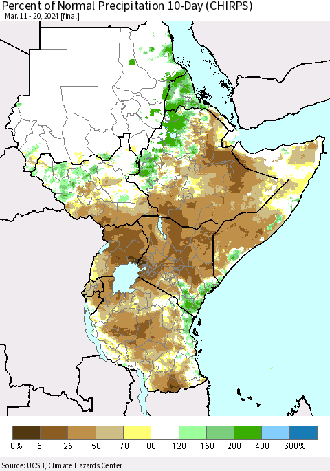 Eastern Africa Percent of Normal Precipitation 10-Day (CHIRPS) Thematic Map For 3/11/2024 - 3/20/2024