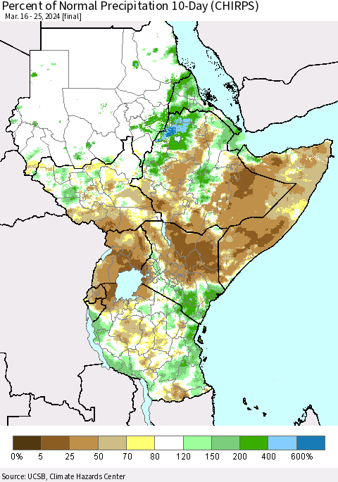 Eastern Africa Percent of Normal Precipitation 10-Day (CHIRPS) Thematic Map For 3/16/2024 - 3/25/2024