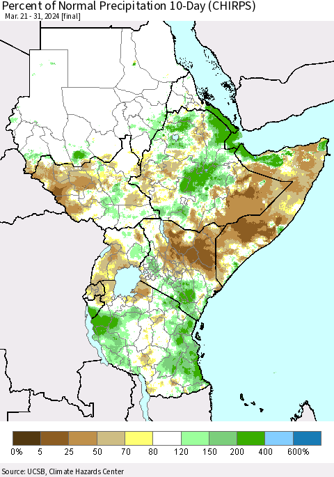 Eastern Africa Percent of Normal Precipitation 10-Day (CHIRPS) Thematic Map For 3/21/2024 - 3/31/2024