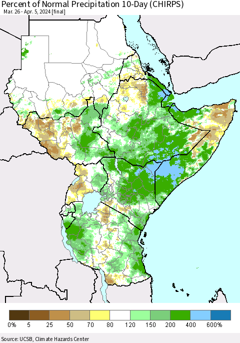 Eastern Africa Percent of Normal Precipitation 10-Day (CHIRPS) Thematic Map For 3/26/2024 - 4/5/2024