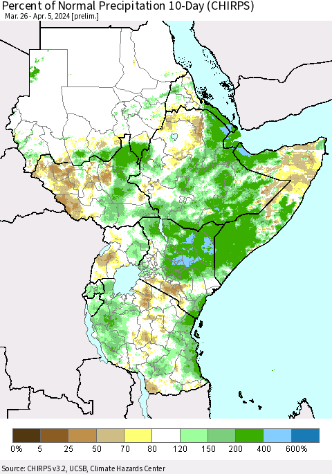 Eastern Africa Percent of Normal Precipitation 10-Day (CHIRPS) Thematic Map For 3/26/2024 - 4/5/2024