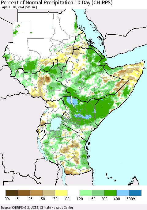 Eastern Africa Percent of Normal Precipitation 10-Day (CHIRPS) Thematic Map For 4/1/2024 - 4/10/2024