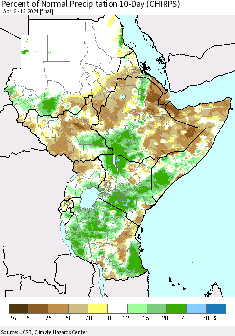 Eastern Africa Percent of Normal Precipitation 10-Day (CHIRPS) Thematic Map For 4/6/2024 - 4/15/2024