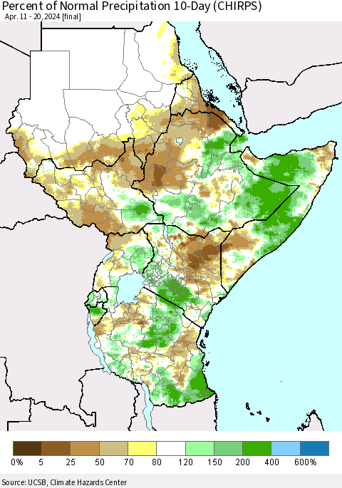 Eastern Africa Percent of Normal Precipitation 10-Day (CHIRPS) Thematic Map For 4/11/2024 - 4/20/2024