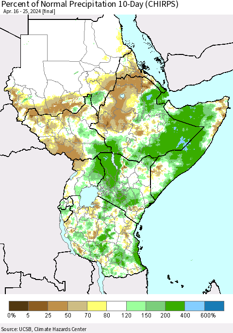 Eastern Africa Percent of Normal Precipitation 10-Day (CHIRPS) Thematic Map For 4/16/2024 - 4/25/2024