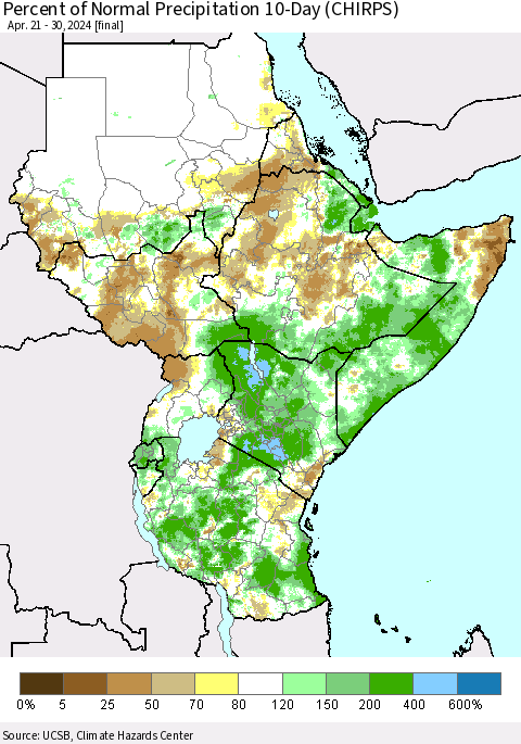 Eastern Africa Percent of Normal Precipitation 10-Day (CHIRPS) Thematic Map For 4/21/2024 - 4/30/2024