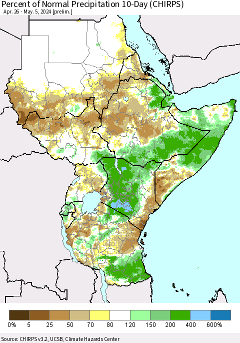 Eastern Africa Percent of Normal Precipitation 10-Day (CHIRPS) Thematic Map For 4/26/2024 - 5/5/2024