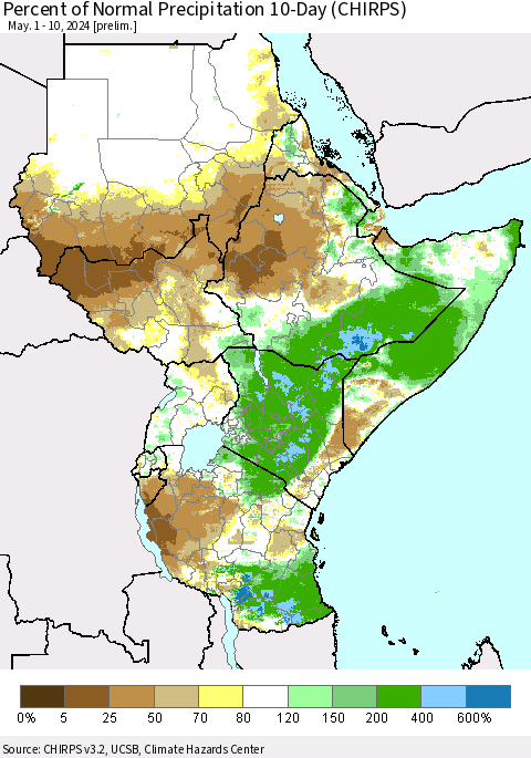 Eastern Africa Percent of Normal Precipitation 10-Day (CHIRPS) Thematic Map For 5/1/2024 - 5/10/2024
