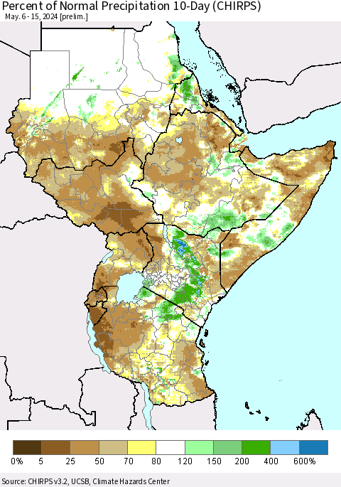 Eastern Africa Percent of Normal Precipitation 10-Day (CHIRPS) Thematic Map For 5/6/2024 - 5/15/2024