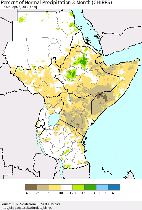 Eastern Africa Percent of Normal Precipitation 3-Month (CHIRPS) Thematic Map For 1/6/2019 - 4/5/2019